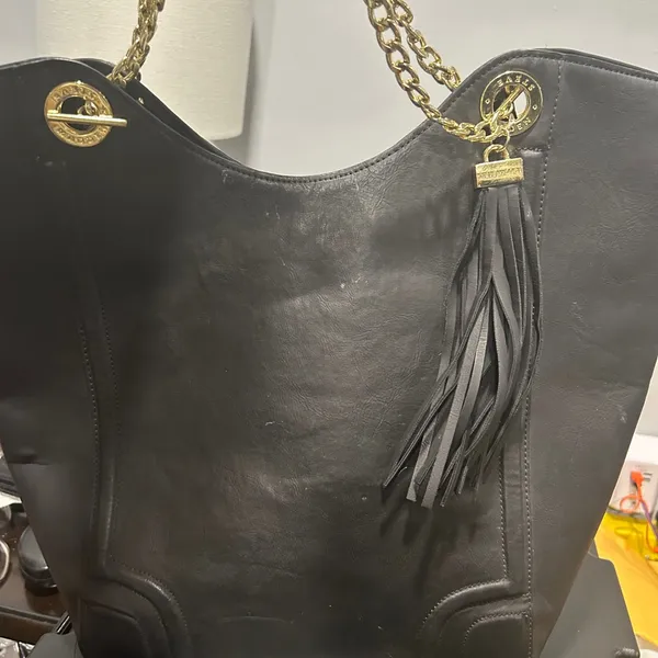Black Faux Leather Tote Bag with Gold Accents - Image 2