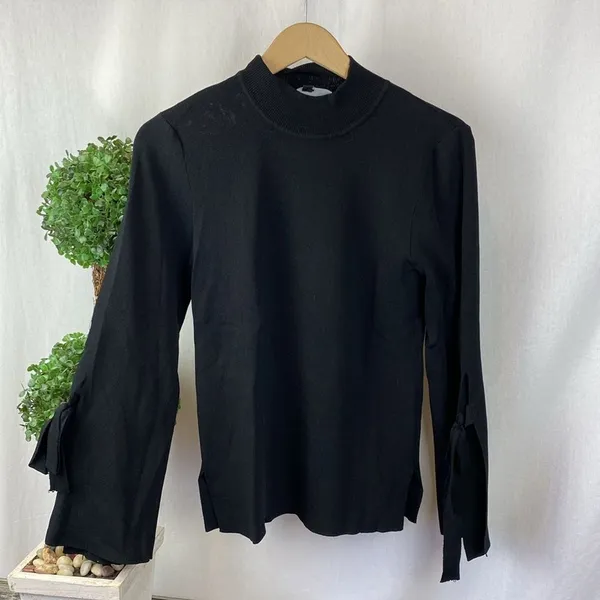 Fate Black Ribbed Knit Long Bell Sleeve Mock Turtleneck Sweater Top L - Image 2