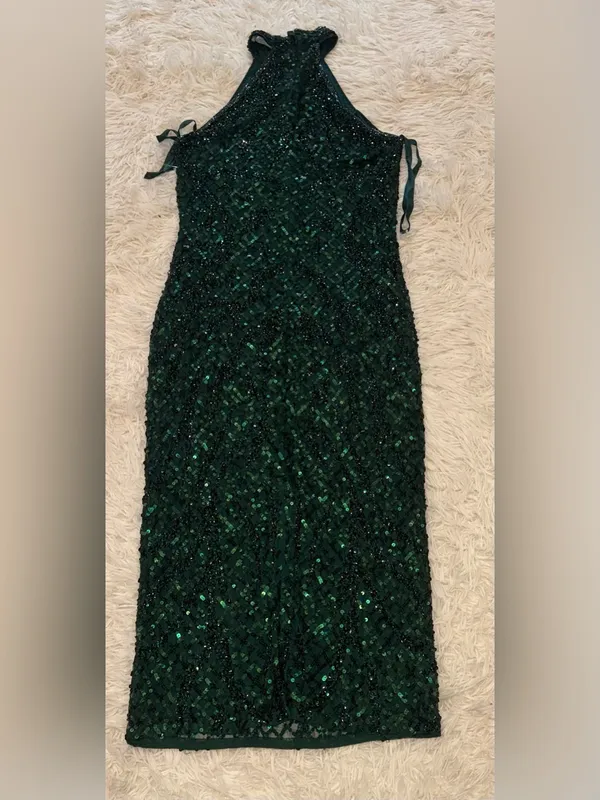 NEW Mac Duggal Embellished Sequins Halter Neck Midi Bottle Green Dress sz 6 - Image 7