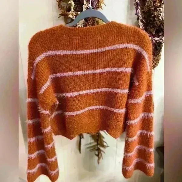 Gianni Bini Eyelash Knit Striped Sweater Bell Sleeve‎ Scalloped Orange Fall Fisherman - Image 3