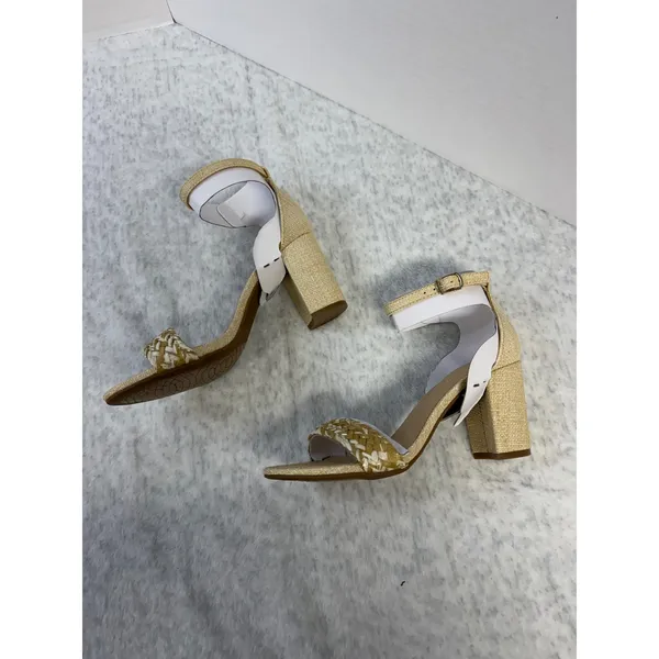 Bandolino Armory2 Block Heel Sandals Light‎ Natural Woven Raffia Gold 5.5M NEW - Image 4