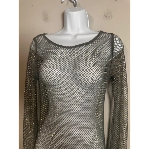 House of Harlow 1960 Silver Rhinestone Fishnet Mesh Maxi Dress XS Long‎ Sleeve - Image 3