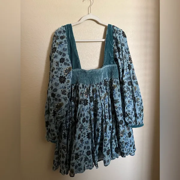 FREE PEOPLE Marsha Mini Dress Sz L Lake Combo Blue‎ Floral Boho Velvet NEW - Image 5