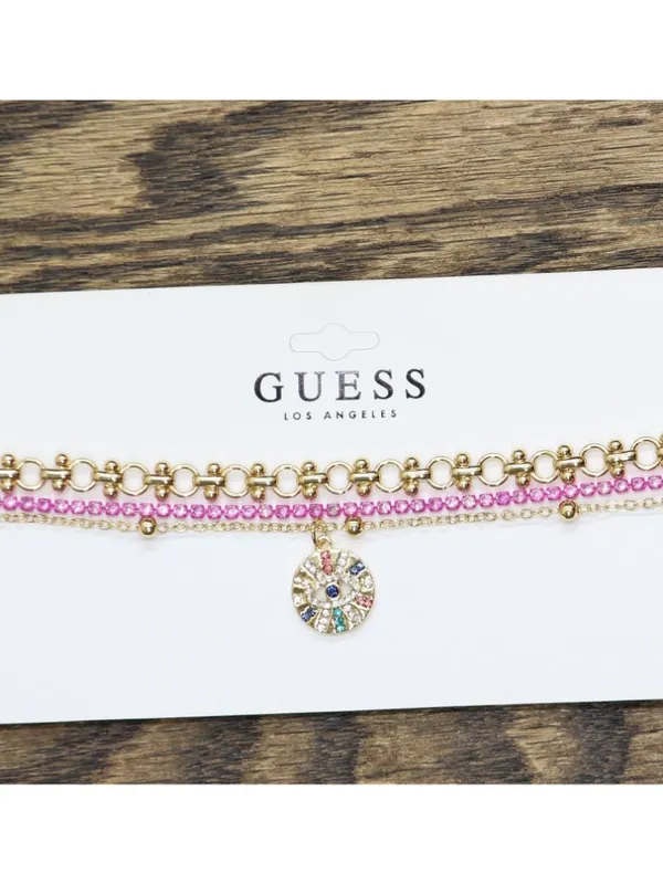 NWT Guess Rhinestone Eye Pendant Choker Necklaces Gold / Pink Multi 12" + 4" - Image 2