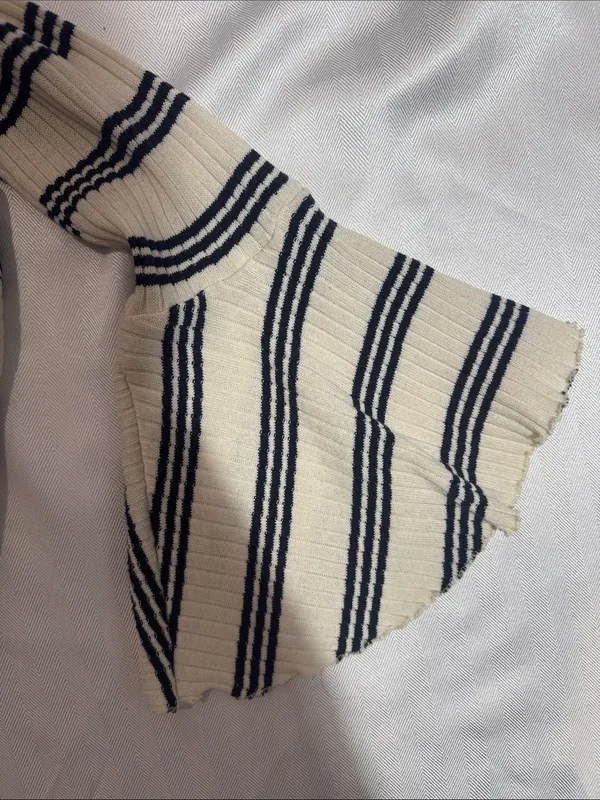Zara Cream and Navy Striped Ribbed Bell-Sleeve Top - Image 3