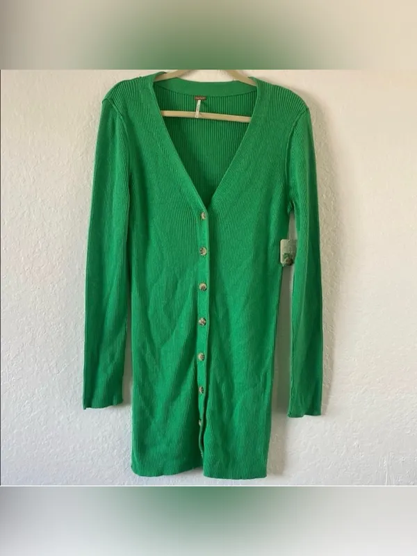 NWT Free People Green Ribbed Knit Button-Down Cardigan Mini Dress Size Large - Image 2