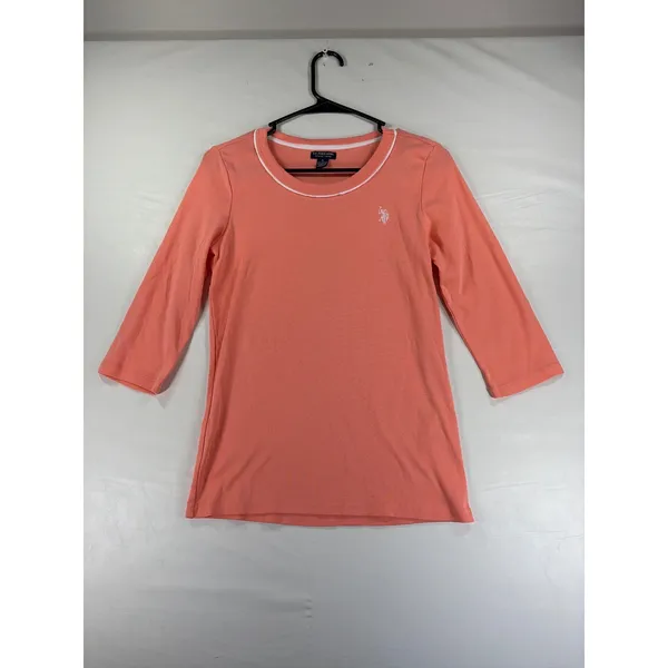 US Polo Assn Womens Coral Pink 3/4 Sleeve Cotton Scoop Neck Top Small Logo - Image 3