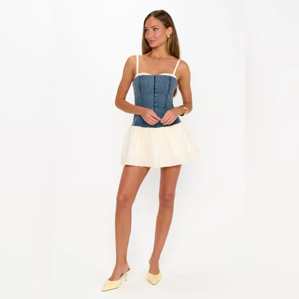 Show Me Your Mumu Tiffany Skort Mini Dress size XL denim cream voile nwot - Image 3