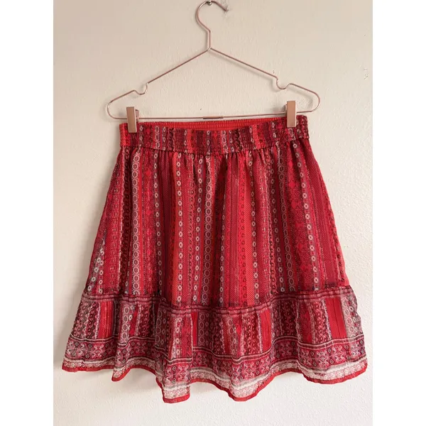 Loft Mini Skirt Womens M Red Boho Paisley Smocked Tiered Ruffle Metallic Shimmer - Image 3