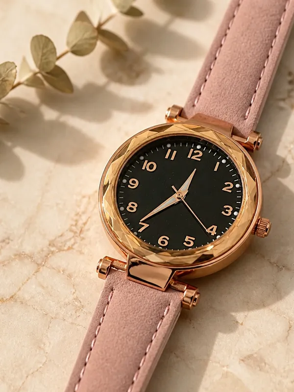 Women's Rose Gold Case Pink Leather Strap Watch Adjustable Band - Image 2