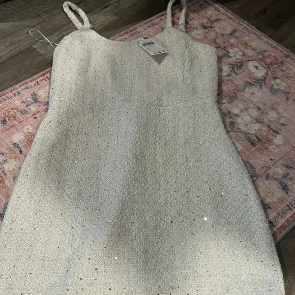NWT Mango sequin knitted mini dress in light beige size‎ 6 - Image 2