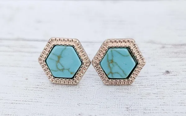 Vintage Stud Earrings Hexagon Shape Gold Tone & Turquoise Tone 0.5" Dainty - Image 2