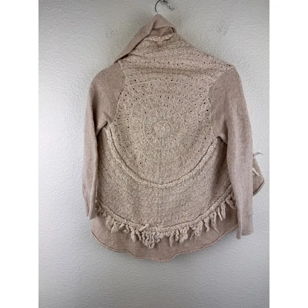 Anthropologie Knitted & Knotted Cardigan Wool‎ Sz S Beige Crochet Fringe Boho - Image 3