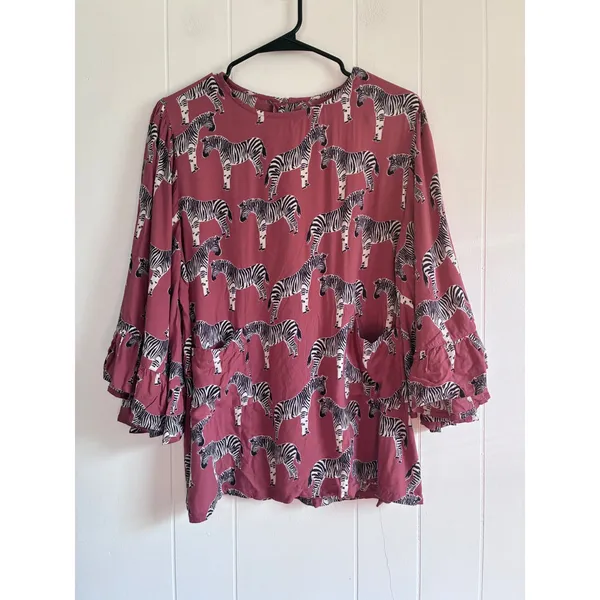 World Market Zebra Print Ruffle Bell Sleeve Blouse Mauve Pink L/XL - Image 2