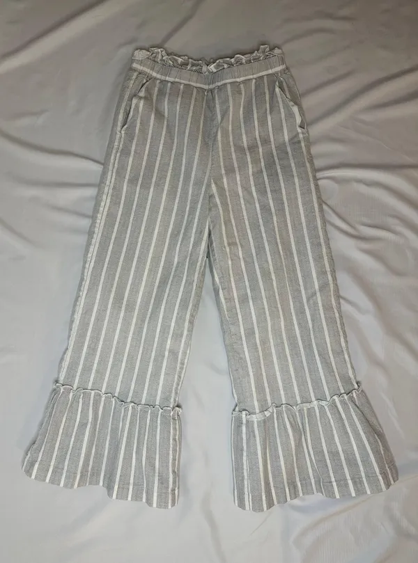 English Factory Gray Striped Ruffle Cropped Bell Bottom Linen Pants - XS - Image 8