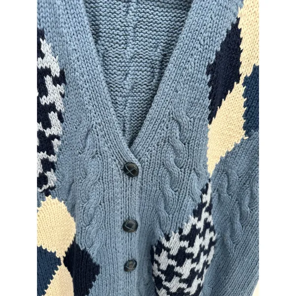 Hand Knits Blue Argyle Cable Knit Button Front Sweater Vest M Coastal Sailor - Image 5