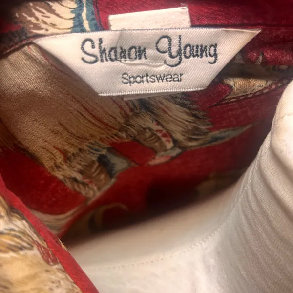 Vtg Sharon Young Western Shirt Size 10 Red Cowboy and Native American Indians - Image 6