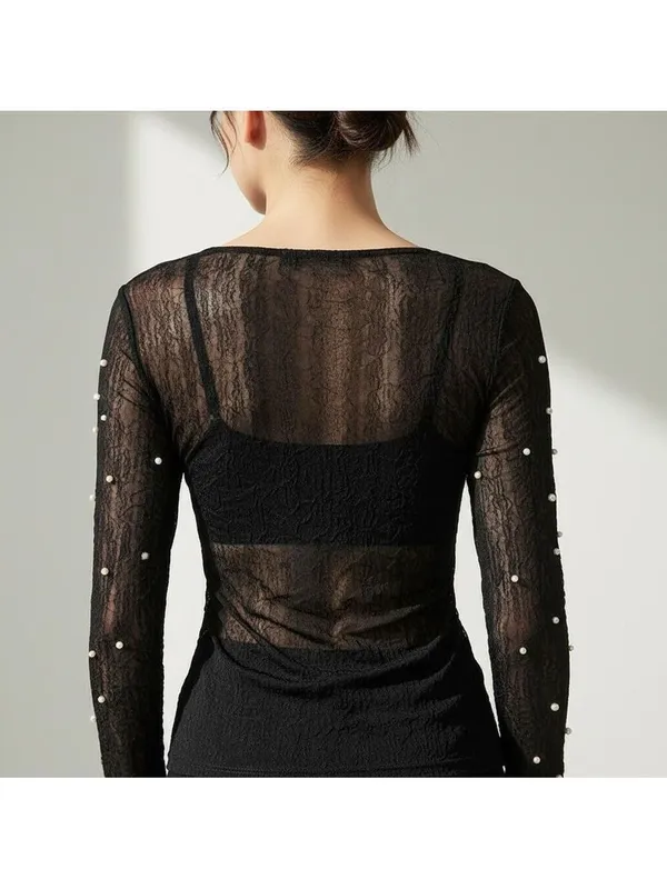 Amber Skies Pearl Embellished Sheer Mesh Top Black Cocktail Glam Whimsigoth XL - Image 2