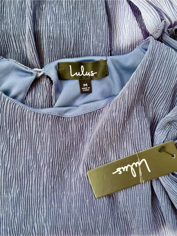 Lulus NWT Dusty Blue Tiered Chiffon Mini Dress Sheer Bell Sleeve M - Image 7