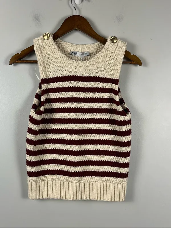 Zara Striped Sleeveless chunky knit Sweater cream/brown/gold NWT size medium - Image 2
