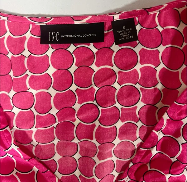 INC International Concepts Pink Circles Abstract Shirred 100% Silk Short Sleeve Shirt Top Blouse Size 6 🩷✨ - Image 3