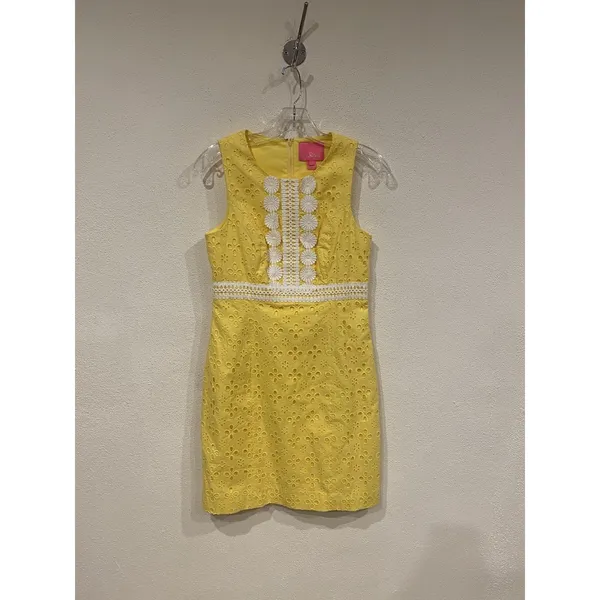 Lilly Pulitzer Railee Dress Womens 0 Yellow Floral Sheath Sleeveless Mini Eyelet - Image 2