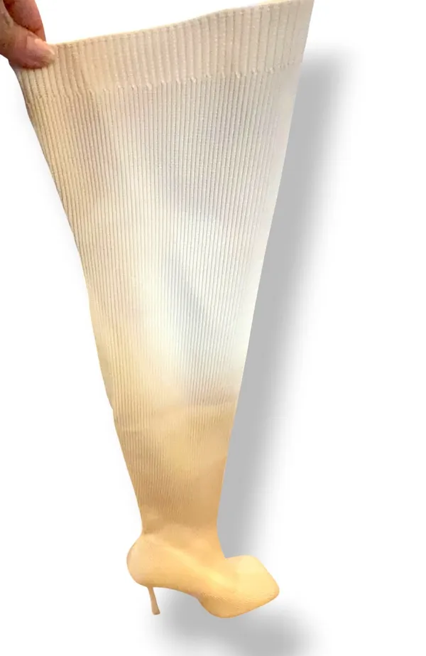 Cream Ribbed Knit Thigh High Boots Square Toe Stiletto Heel Size 9 - Image 2