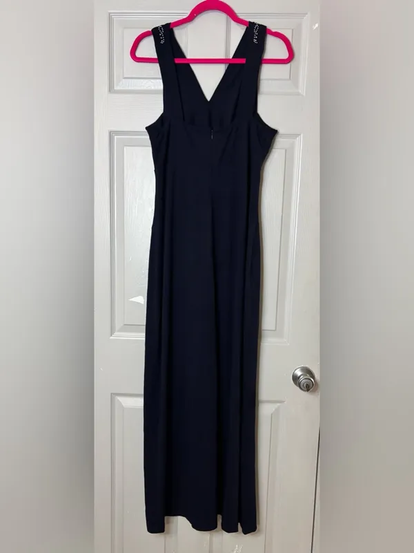 Vintage Cache Women's Evening Dress Navy Blue Maxi Beaded Chest XL Stretch Rayon - Image 9