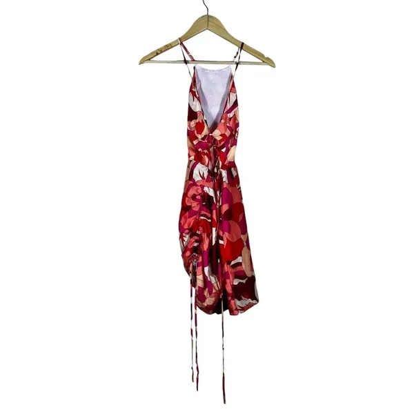 Runaway Tammy Floral Halter Mini Dress Red Pink Satin Ruched Open Back SizeS - Image 5