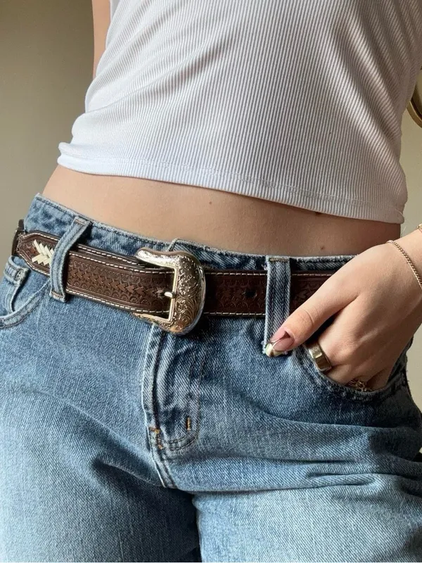 Brown Tooled Leather Belt with Silver Detailing - Image 8