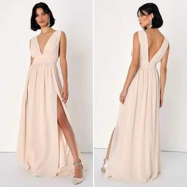Lulus Heavenly Hues Cream Maxi Chiffon Dress Sz Medium Wedding‎ Bridesmaid Gala - Image 2