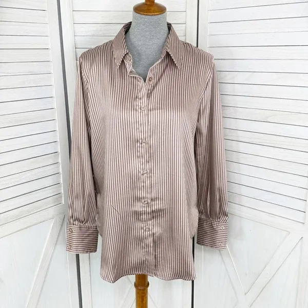 The Workshop Satin Pinstripe Oversized Button Up Shirt Mocha Medium Boyfriend‎ - Image 2