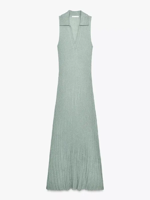Zara Olive Green Ribbed Maxi Dress with Collar - Image 4