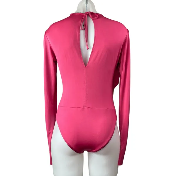 ZARA Pink Draped Long Sleeve Crew Neck Fitted Bodycon One Piece Bodysuit Top M - Image 2
