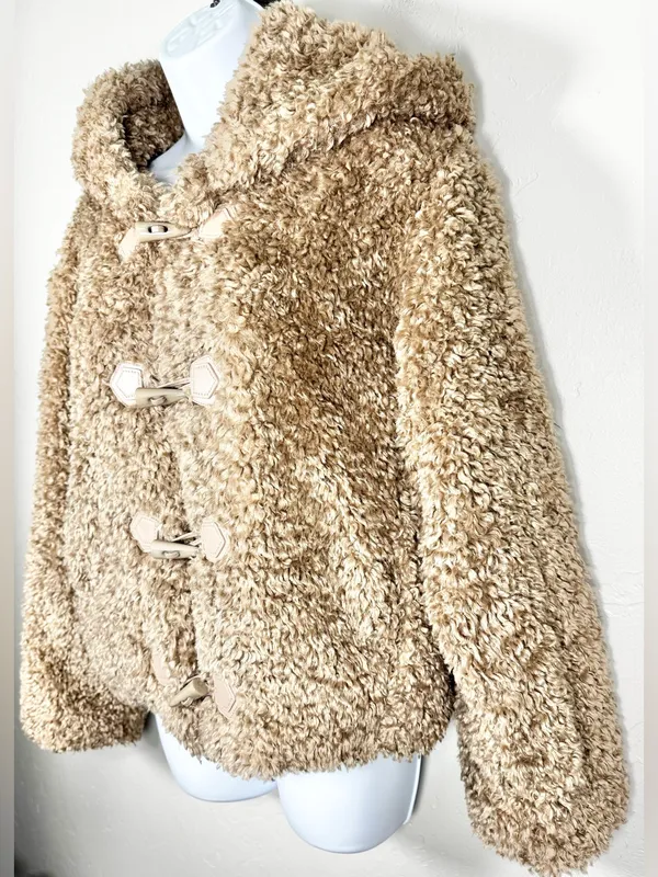 Galita Cozy Khaki Teddy Toggle Jacket with Hood Size Small Tan - Image 5