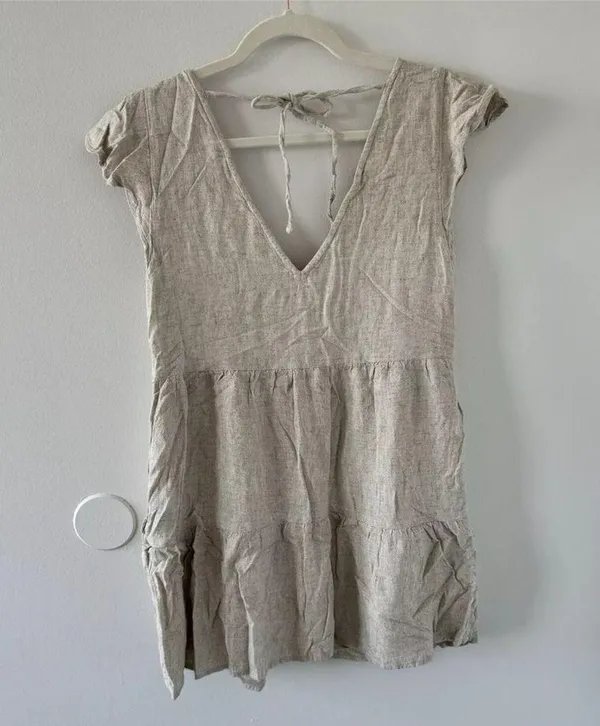 Abercrombie & Fitch Beige Lined Tiered V-Neck Pocket Dress Linen Blend Size S - Image 10