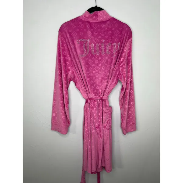Juicy Couture Velour Monogram Robe Pink Size L/XL Bath Wrap Cozy Soft - Image 4