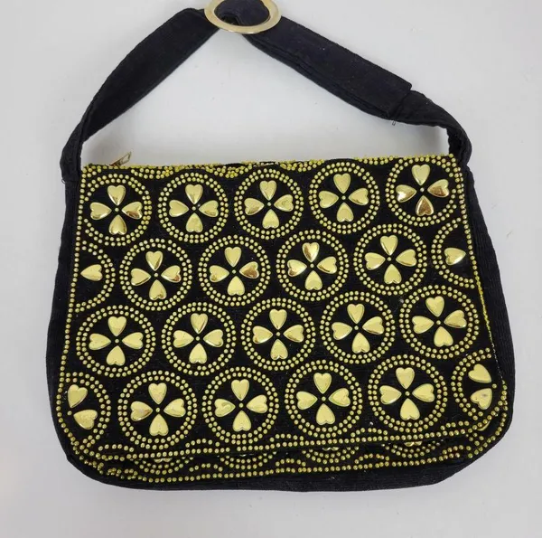 Vintage Retro Womens Bag Black Gold Beaded Studded Corduroy Purse Hong Kong - Image 9