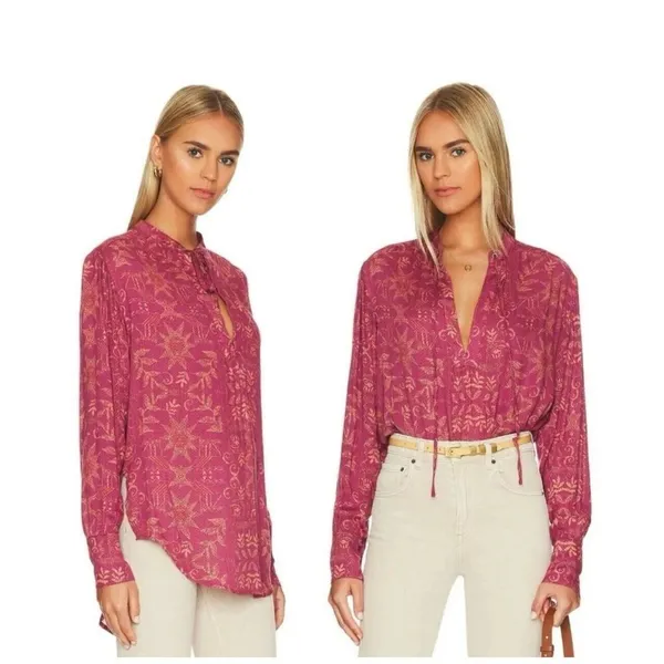 Free People Mia Floral Print Plunging Tie Neck‎ Long Sleeve Tunic Top Size Small - Image 2