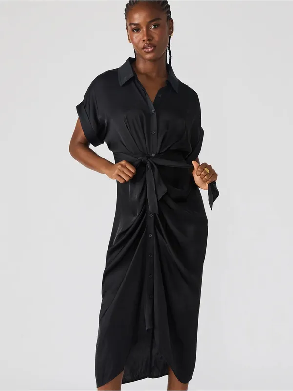 NWT Steve Madden Tori Black Satin Ruched Tie Waist Midi Dress Size 6 - Image 13