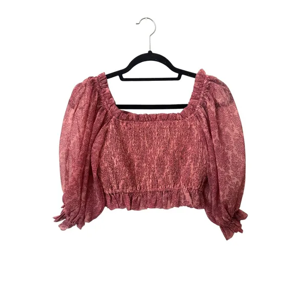 SAINTS & SECRETS‎ Floral Smocked Cropped Blouse Pink Medium - Image 4
