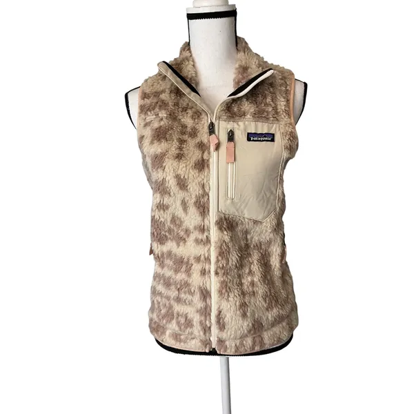Patagonia Retro-X Fleece Vest Womens XS Leopard Print Tan Brown Full Zip Sherpa - Image 7