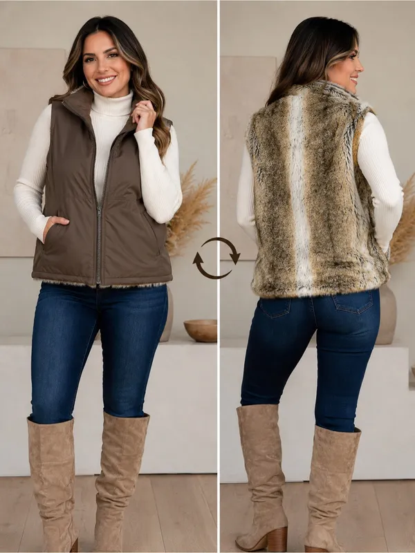 Weatherproof Reversible Faux Fur Vest Brown Beige Size M - Image 2