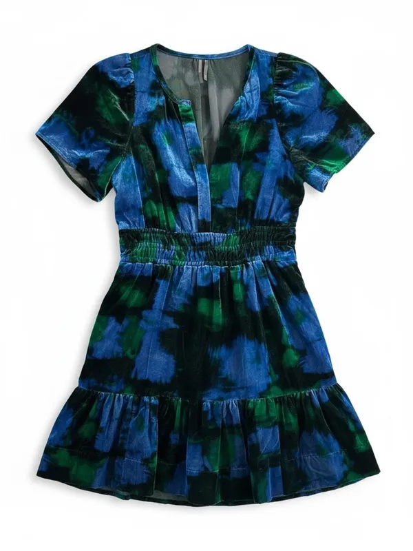 Anthropologie The Somerset Velvet‎ Mini Dress Blue Green Motif Small EUC - Image 2