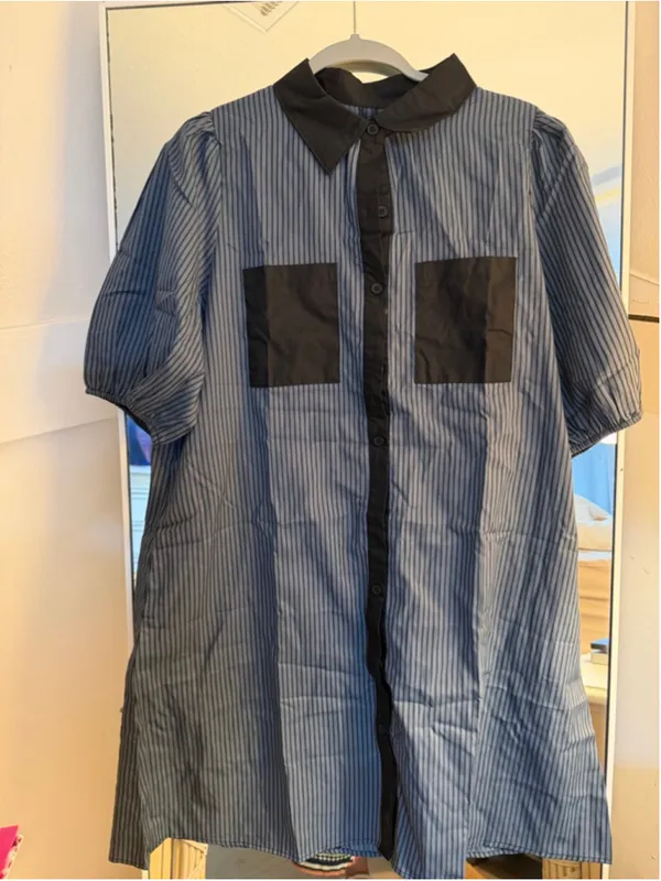 NEW V Neck Short Sleeve Button Down Striped Dress L Gray Size L - Image 4