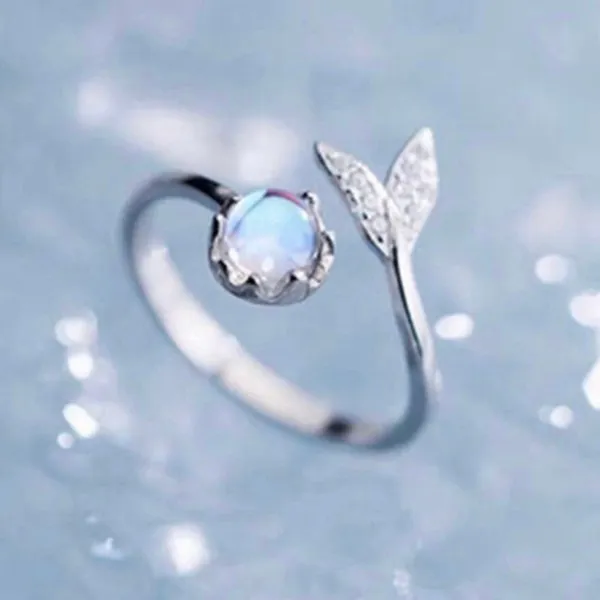 925 Silver Plated Adjustable Moonstone Fishtail Ring for Women - Image 3