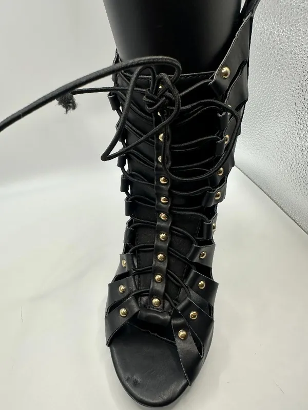 Black Studded Strappy Lace Up Stiletto Heel Ankle Booties Open Toe 6 Rocker Glam - Image 2