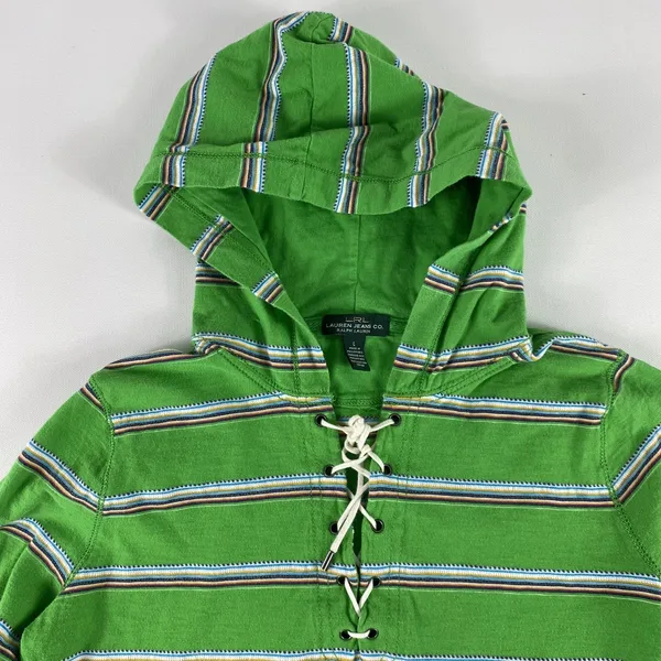 Lauren Jeans‎ Co Ralph Lauren Hoodie Womens Large Green Striped Pullover Lace Up - Image 5