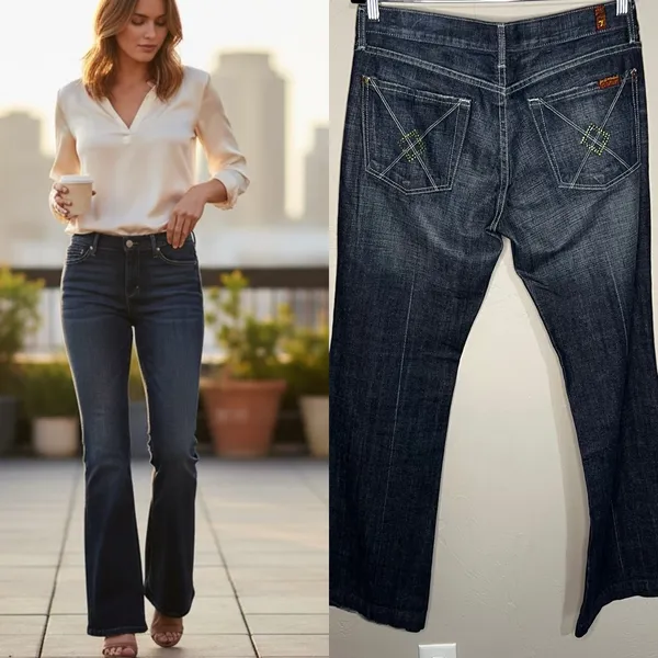 Seven For All Mankind Dojo Embellished‎ Green Rhinestone Square Design Jeans - Image 2