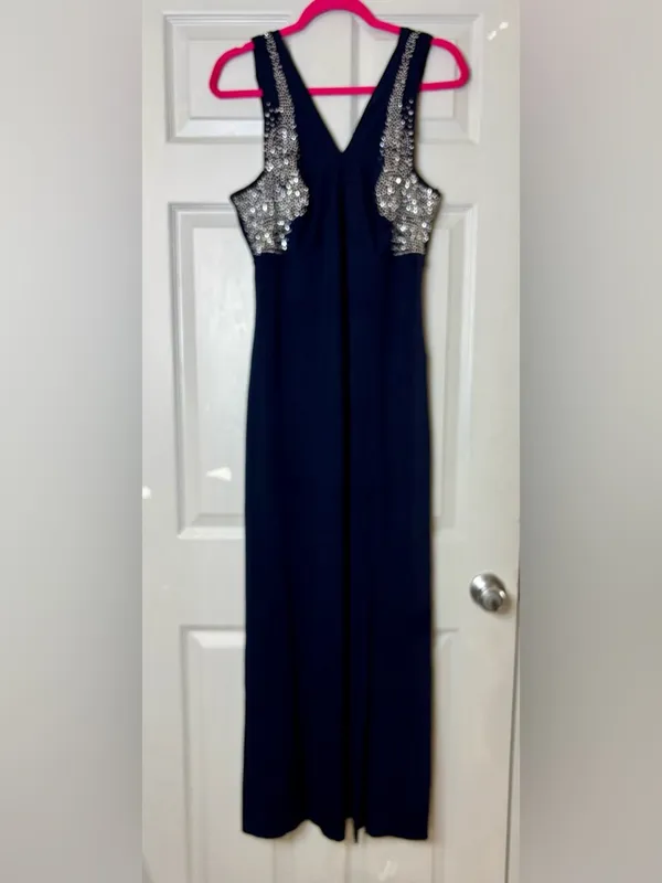 Vintage Cache Women's Evening Dress Navy Blue Maxi Beaded Chest XL Stretch Rayon - Image 10